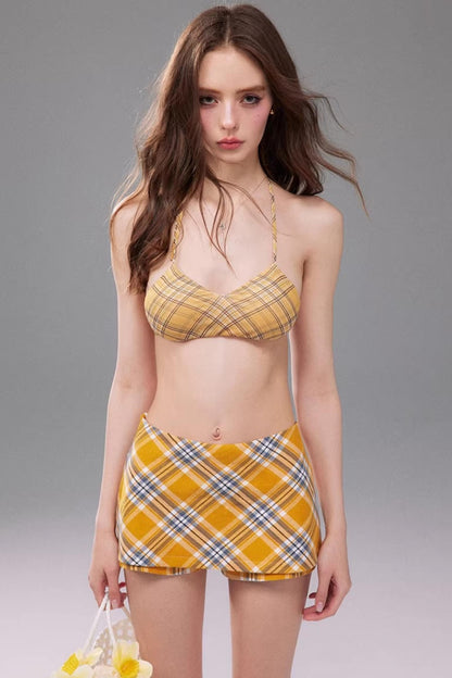 Off-Shoulder Plaid Corset and T-Shirt Matching Set