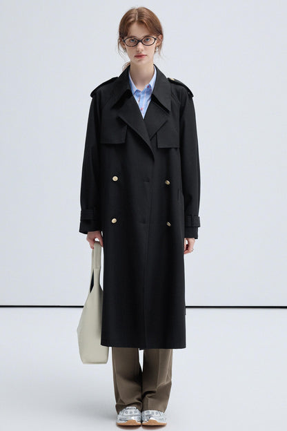 VEGA CHANG Schwarzer Trenchcoat Damen Frühling-Herbst 2024 Neue klassische doppelreihige lange Jacke im britischen Stil