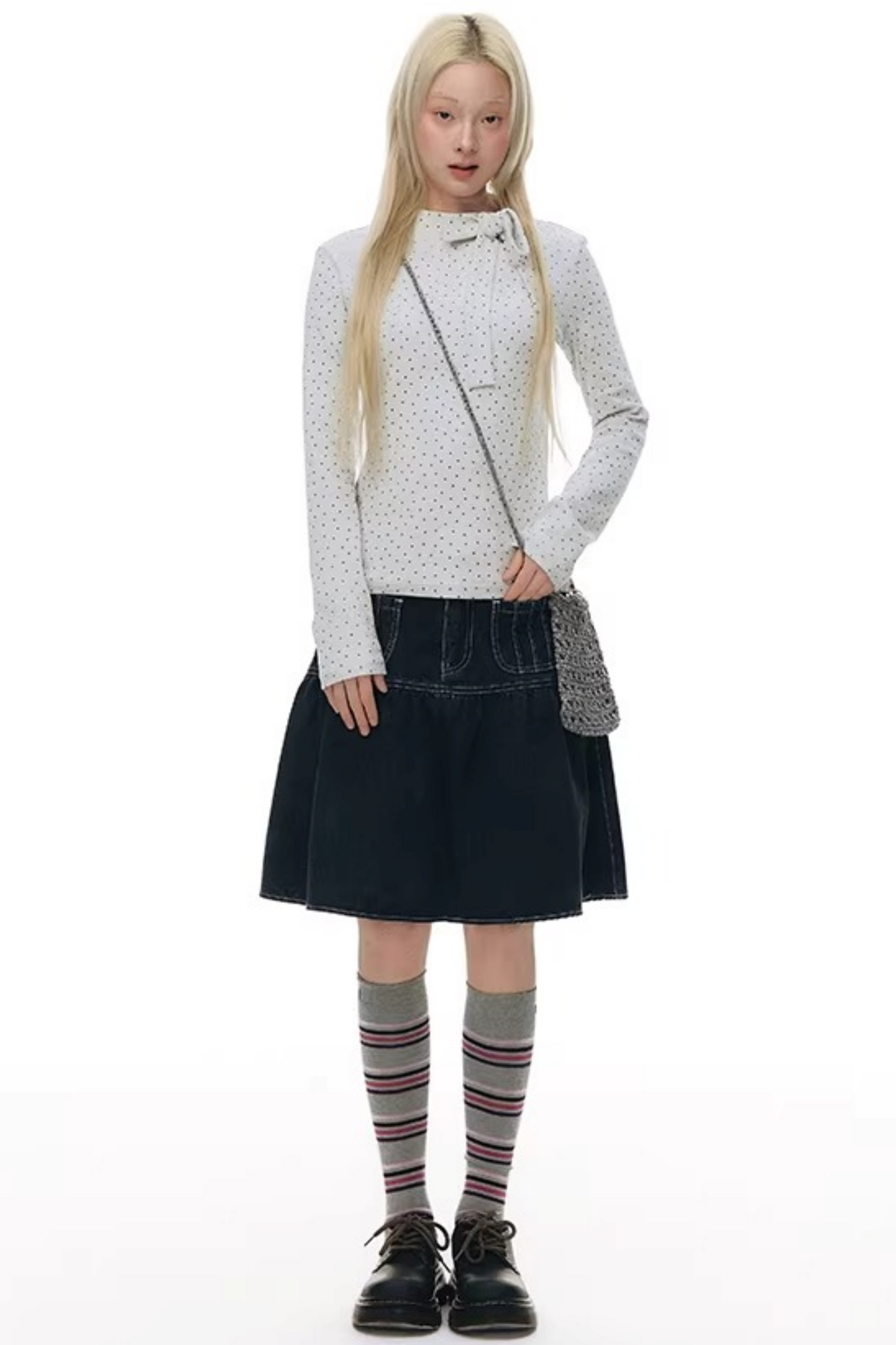 Pleated Denim A-Line Skirt