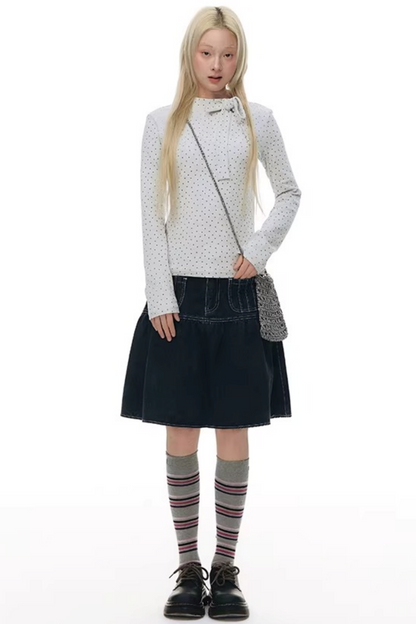 Pleated Denim A-Line Skirt