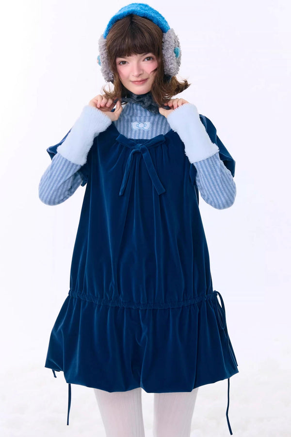 Deep Blue Velvet Bow Dress