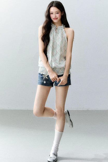 Mint Sheer Plaid Halter Top Set-Up