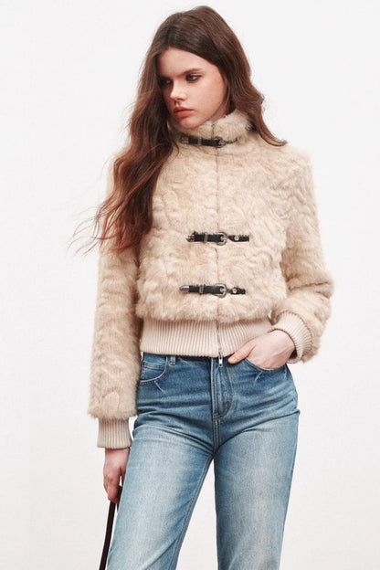 Leather Stand-Up Collar Woolen Short Jacket