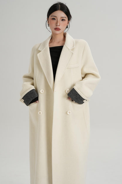 Turn-Sleeve Suit Collar Long Wool Coat