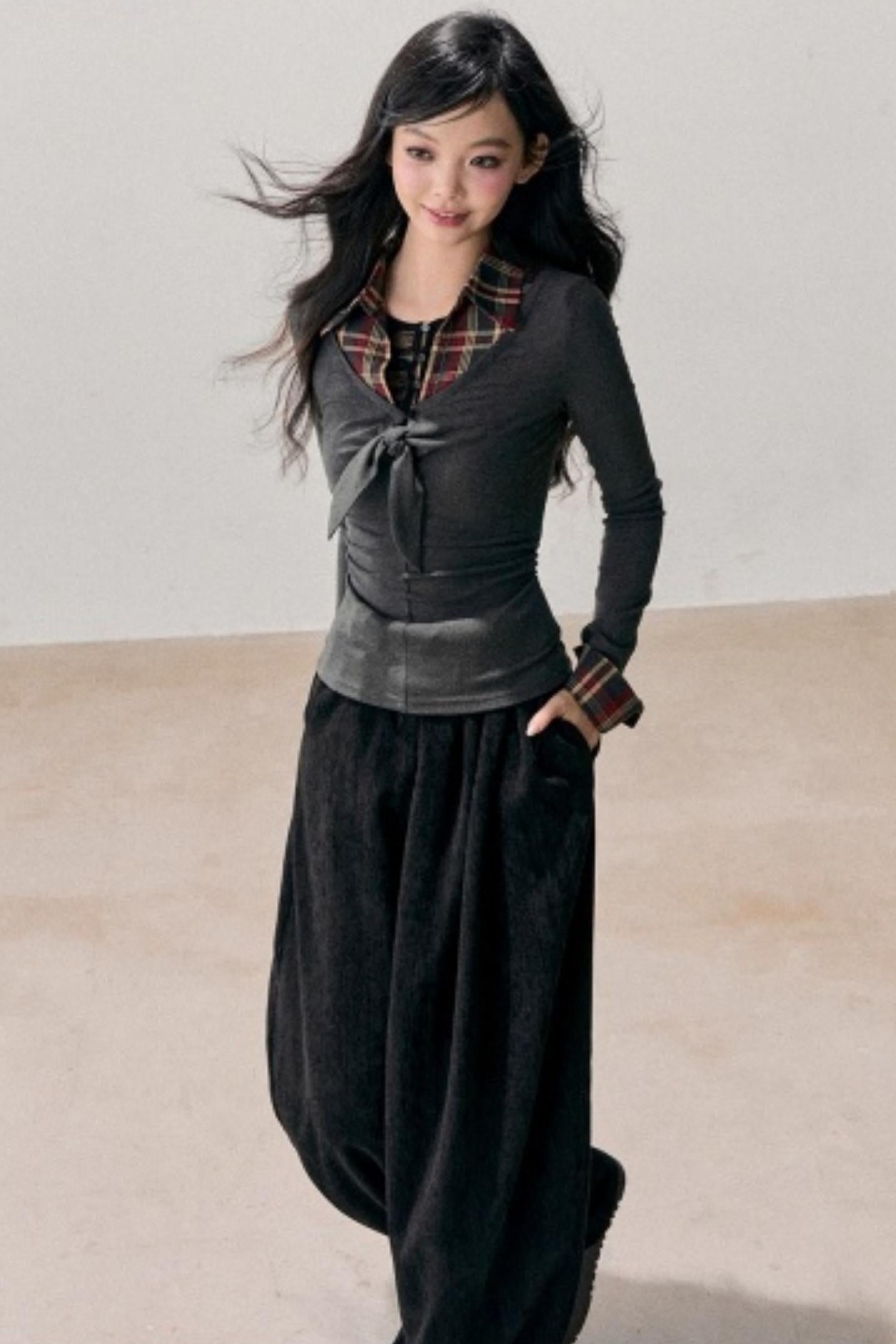 Knitted Plaid Slimming Top