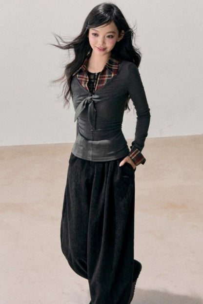 Knitted Plaid Slimming Top