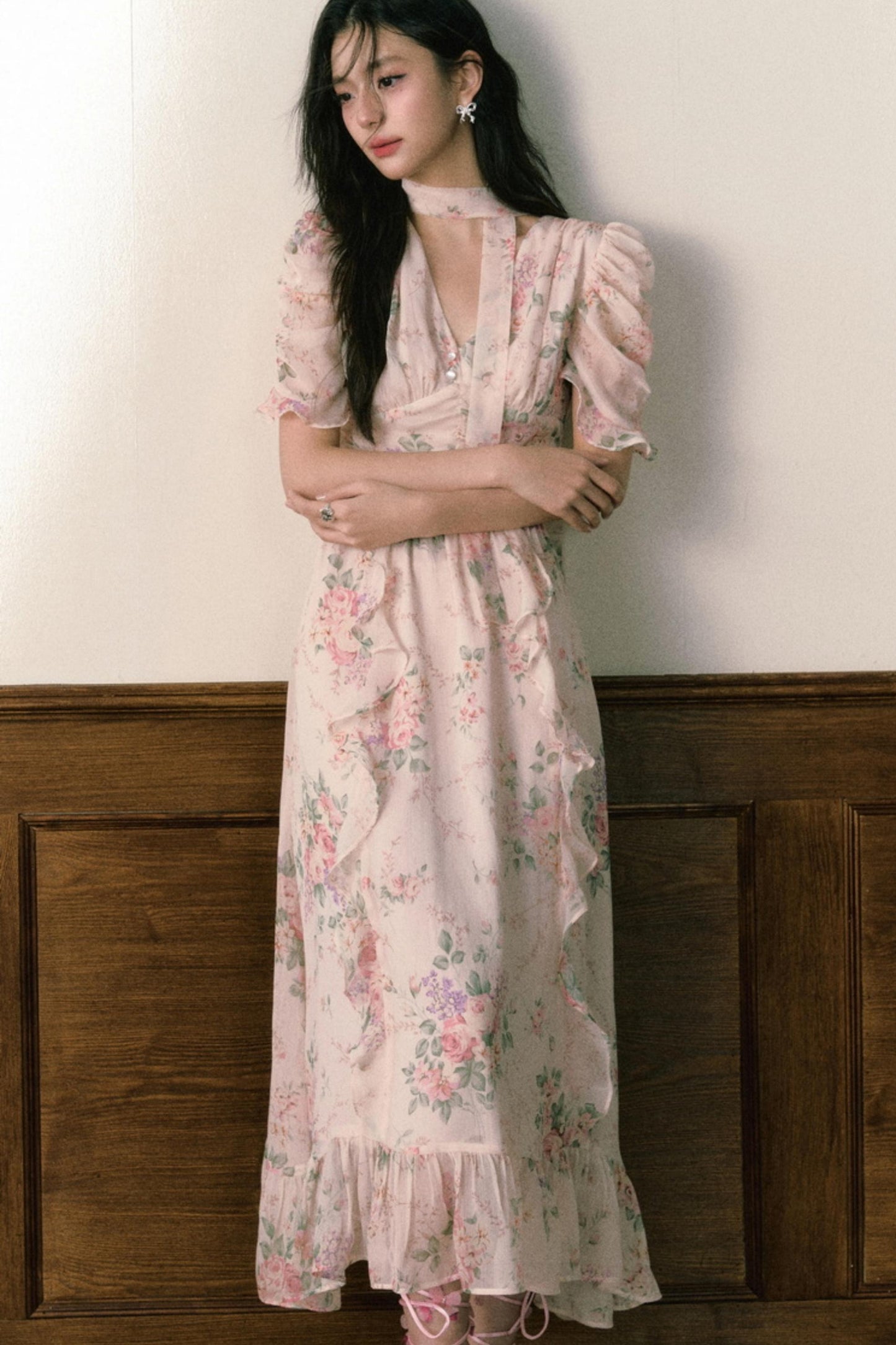 Pink Chiffon V-Neck Summer Dress