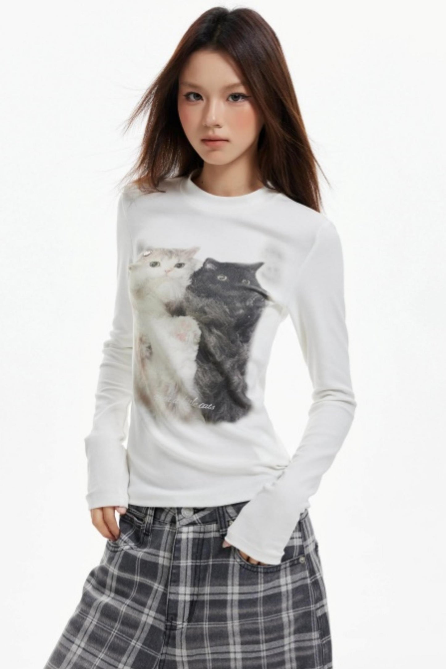 Cat Print Slim Knit Base Top