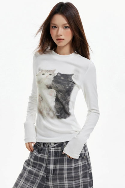 Cat Print Slim Knit Base Top