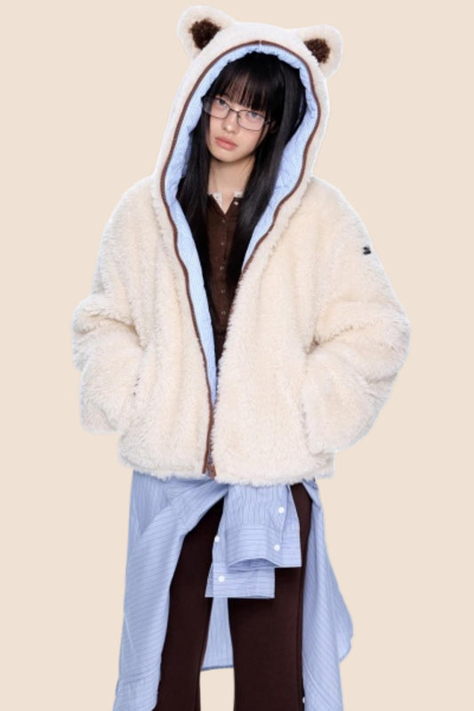 Ear-Flap Striped Faux Shearling Jacket