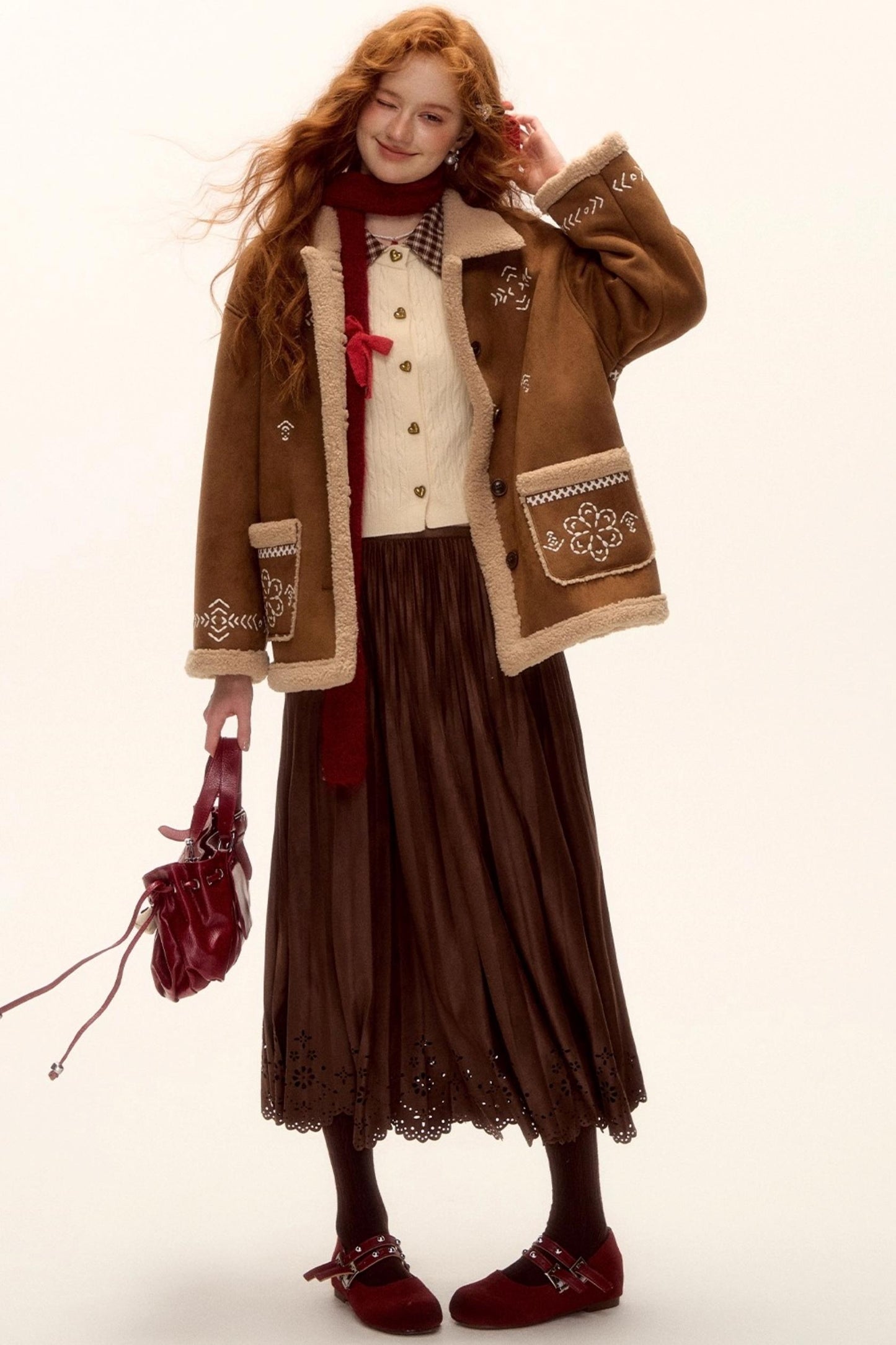 Embroidered Shearling Wool Jacket Set-Up