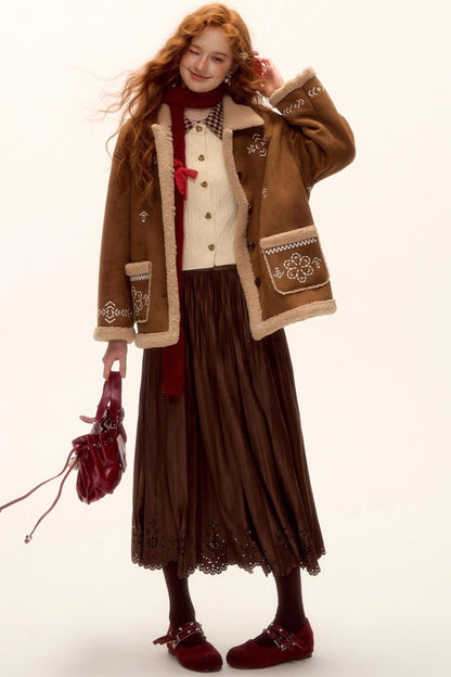 Embroidered Shearling Wool Jacket Set-Up