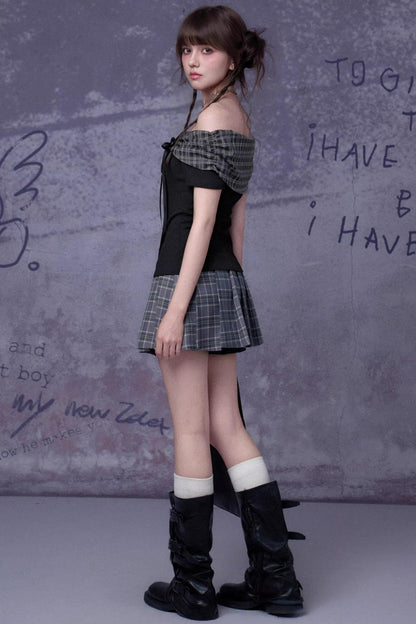 Plaid Bow-Knot One-Shoulder Matching Set