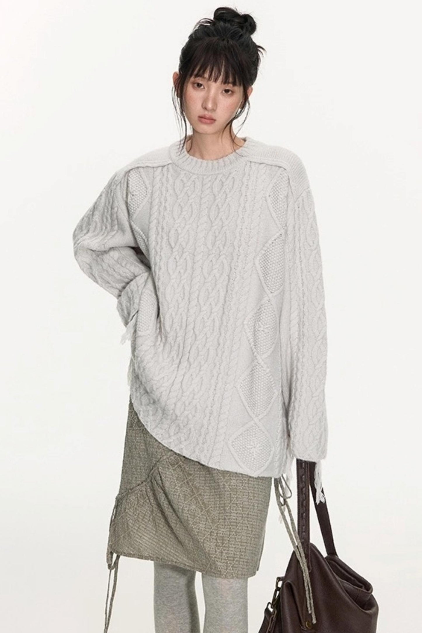 Crew Neck Crochet Cable Knit Sweater