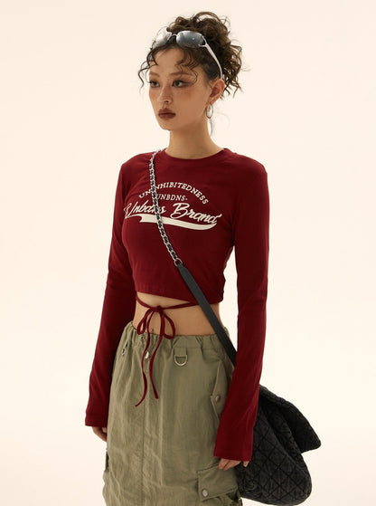 American vintage lace-up waistless long-sleeved T-shirt top