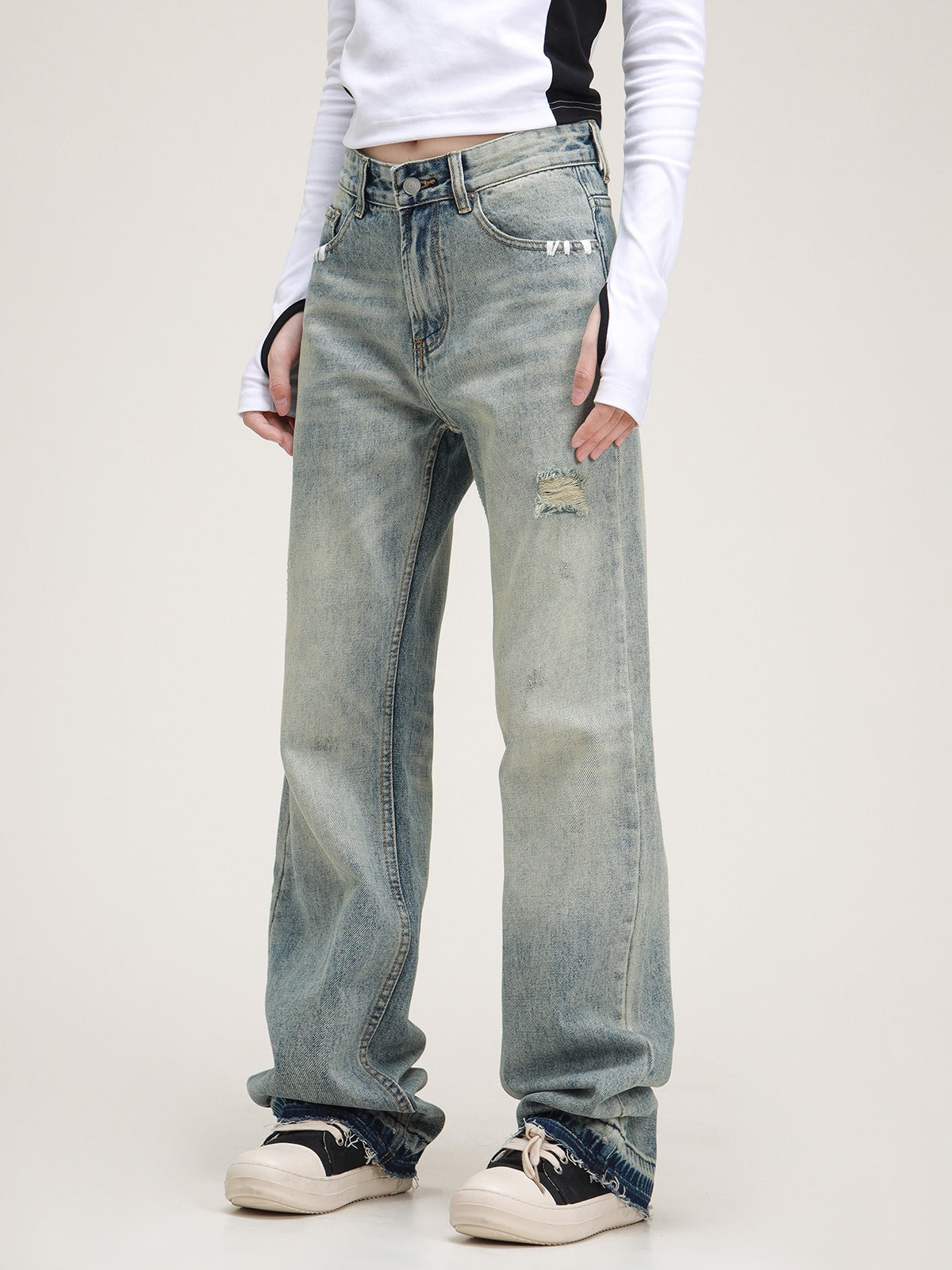 American straight-leg distressed jeans pants