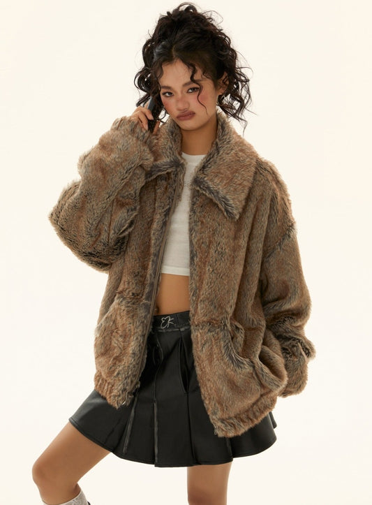 Loose lapel faux fur fur jacket