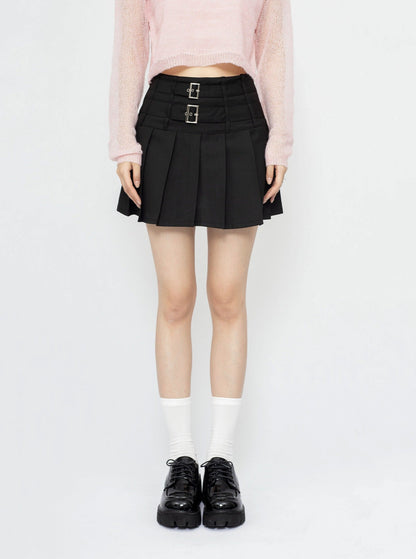 Metal Buckle A-line Pleated Skirt