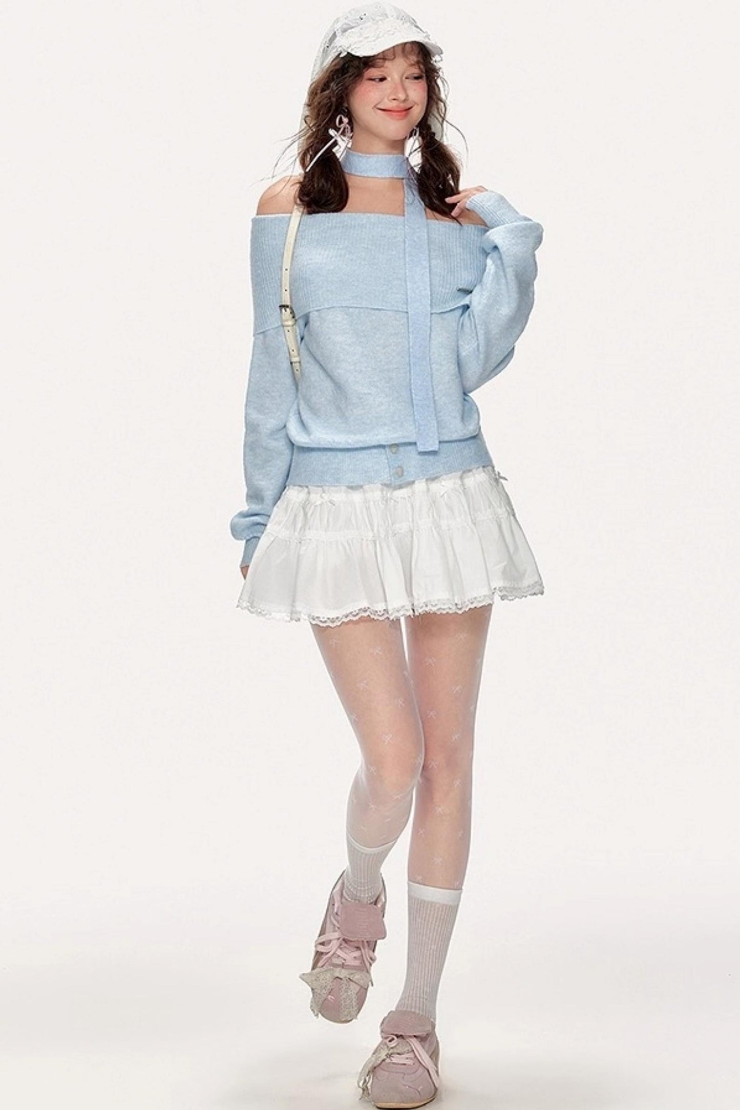 French Sweet One-Shoulder Halterneck Sweater