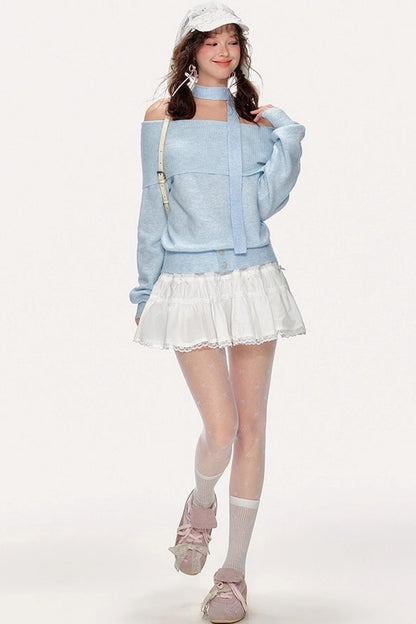 French Sweet One-Shoulder Halterneck Sweater