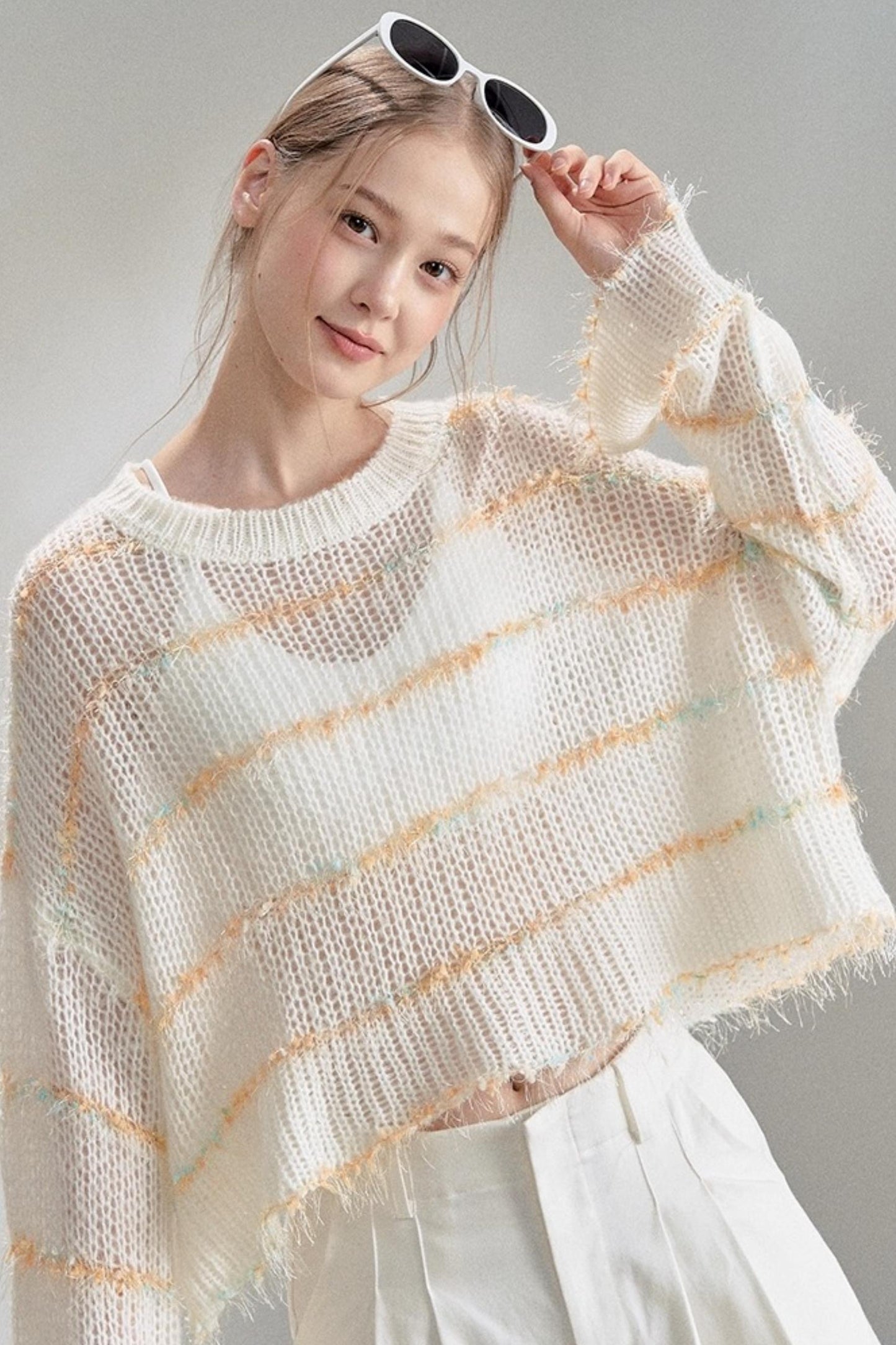 Silver Silk Blend Cropped Knit Blouse