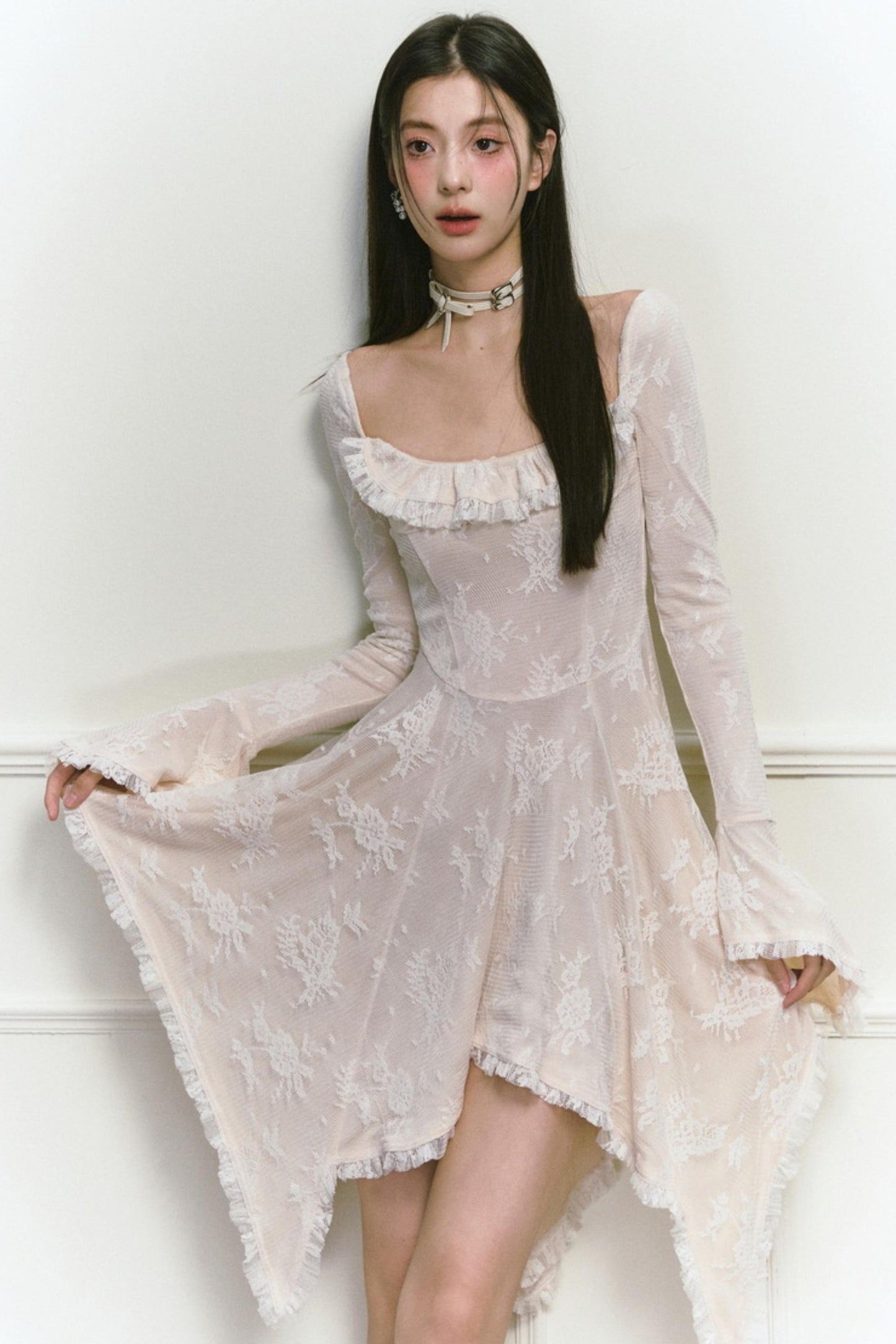 Square Neck Asymmetric Long Sleeve Dress