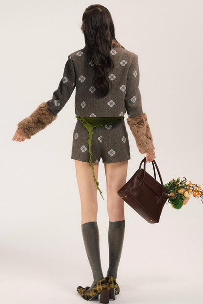 Retro Embroidery Tweed Fur Shorts Set-Up