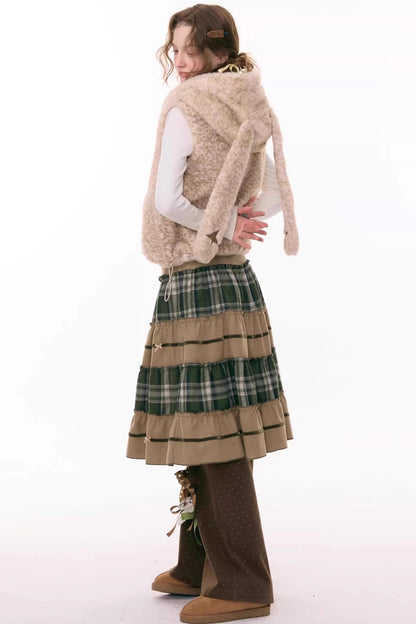 Black Leather Rabbit Hooded Vest Jacket