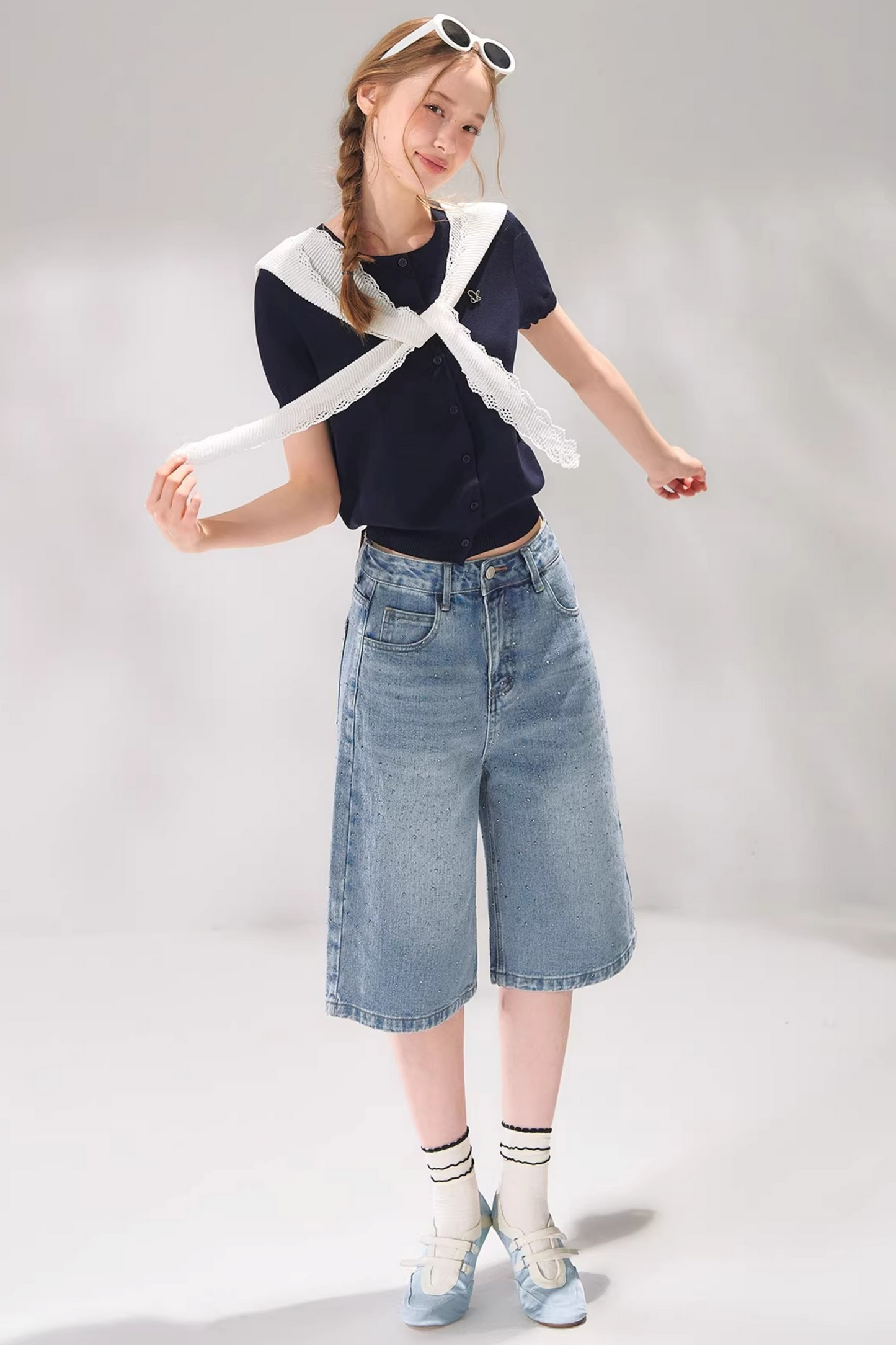 Rhinestone Denim Cropped Pants