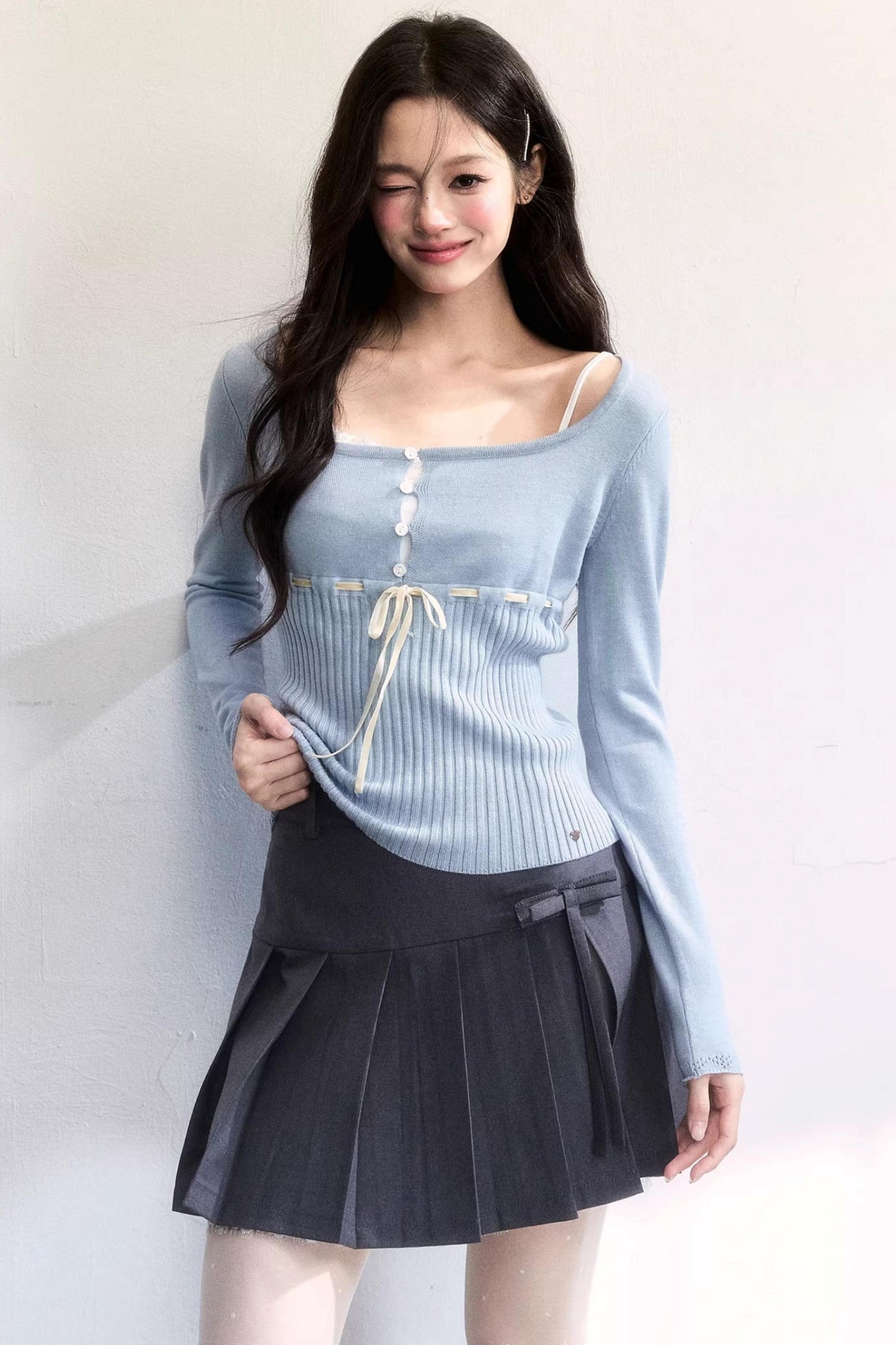 Ribbon Knit Tie-Up Top