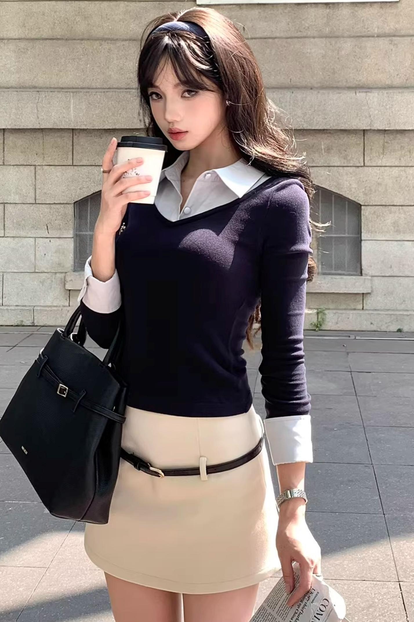 Fake Two Piece Knitted Top Skirt Set-Up