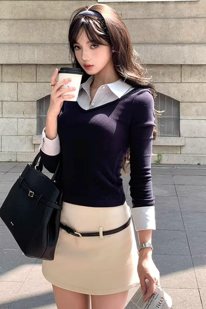 Fake Two Piece Knitted Top Skirt Set-Up