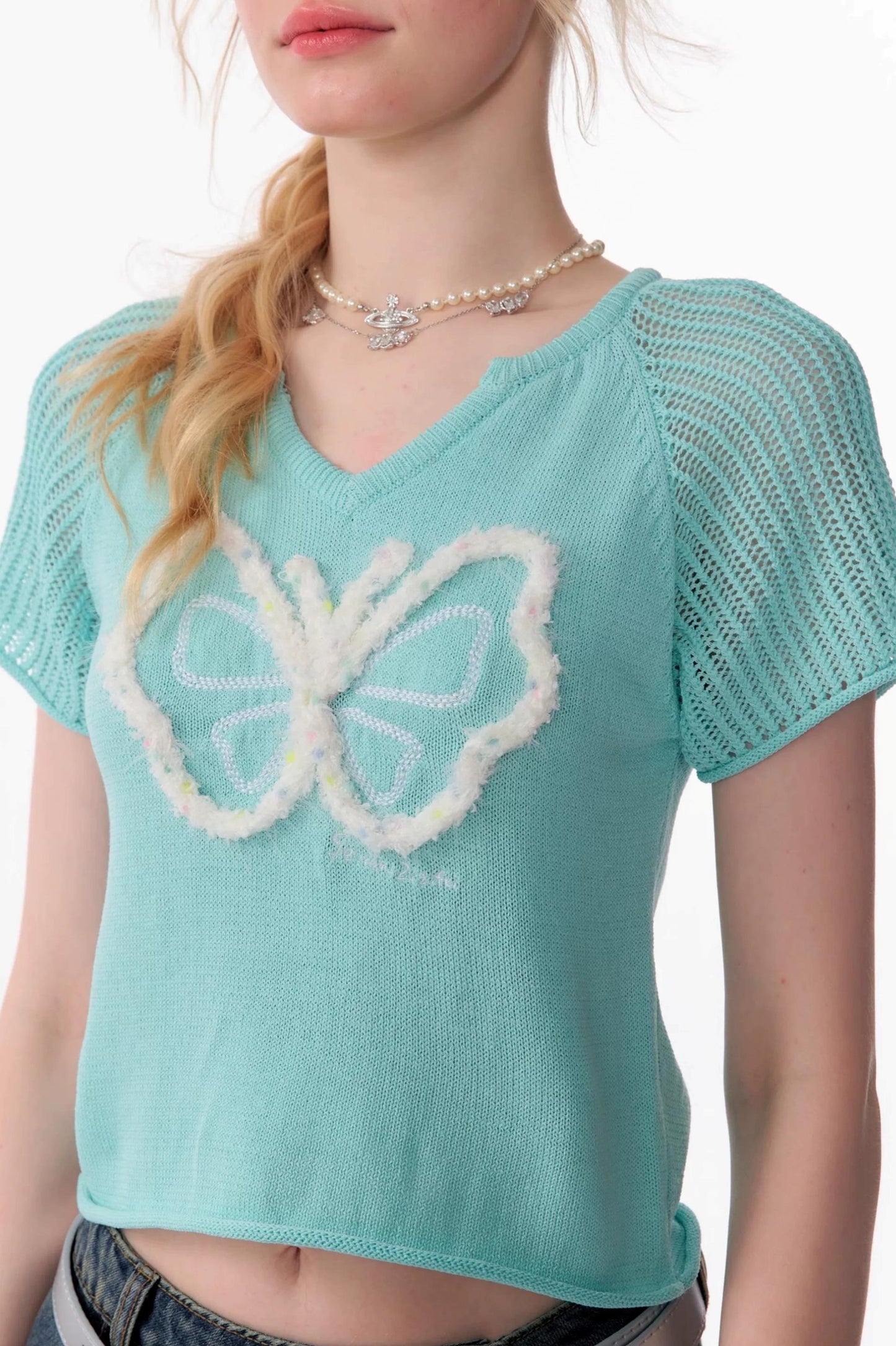 Top Raglan a Maglia con Farfalle 3D