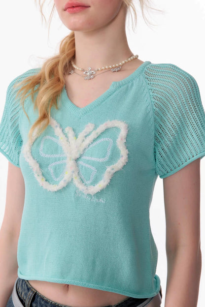 Top Raglan a Maglia con Farfalle 3D