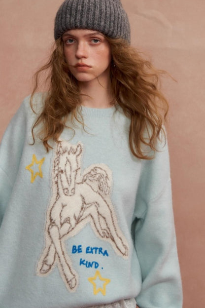 Jacquard Pony Crew Neck Sweater