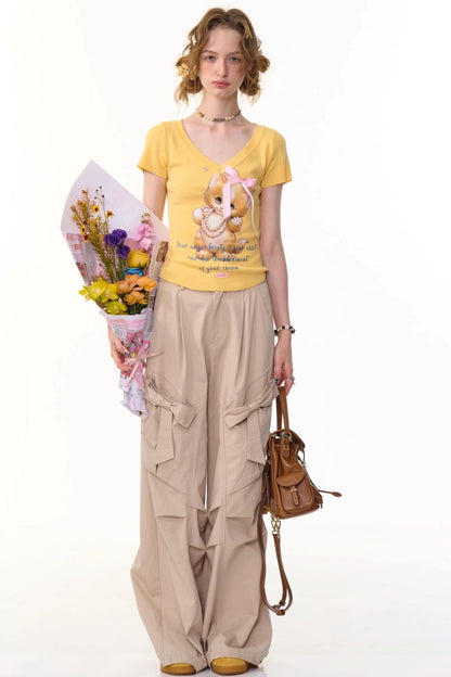 Cat Print V-Neck T-Shirt