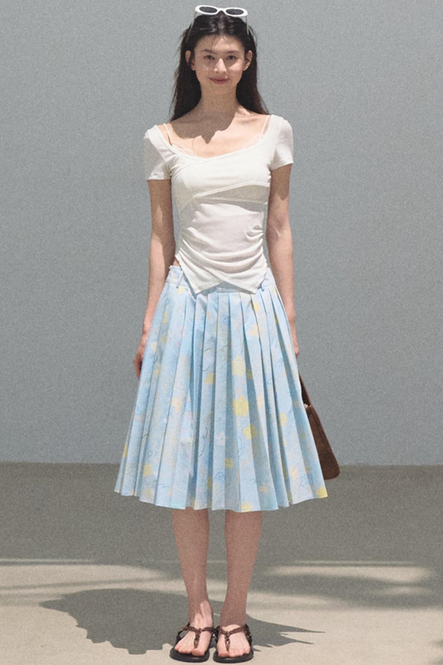 Running Waves Cotton Poplin Pleated Midi Skirt