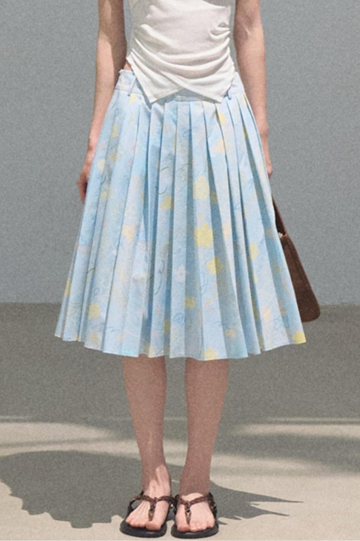 Running Waves Cotton Poplin Pleated Midi Skirt