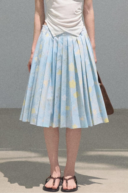 Running Waves Cotton Poplin Pleated Midi Skirt