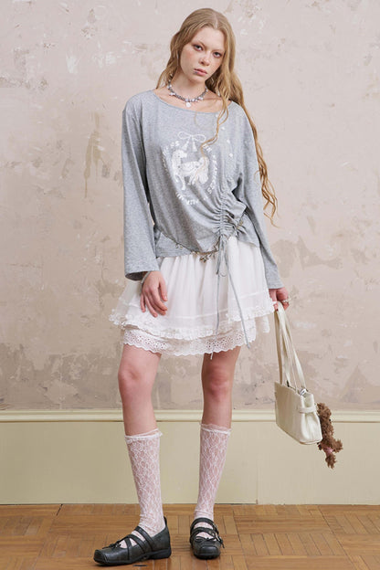 Slanted Monochrome Flower Ruffle T-Shirt