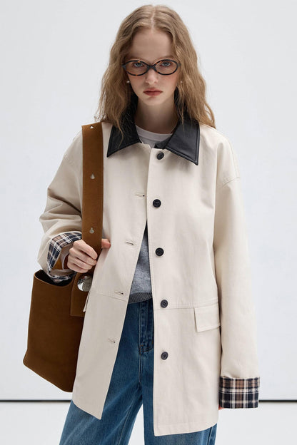 Check Contrast PU Leather Trench Coat