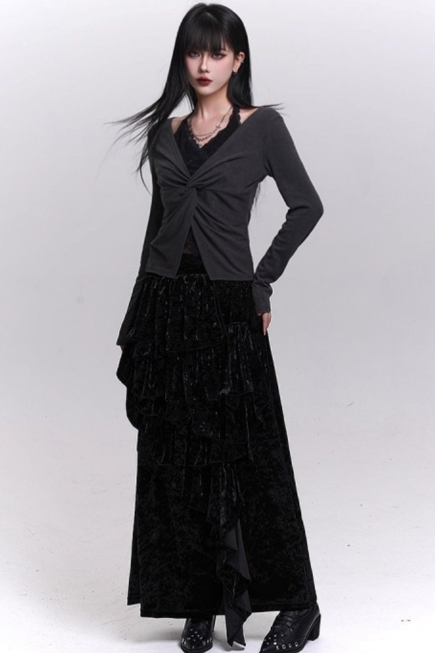 Velvet Irregular Hem Long Skirt