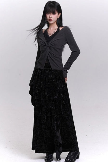 Velvet Irregular Hem Long Skirt