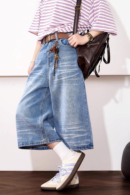 High-Waisted Whisker Denim Shorts