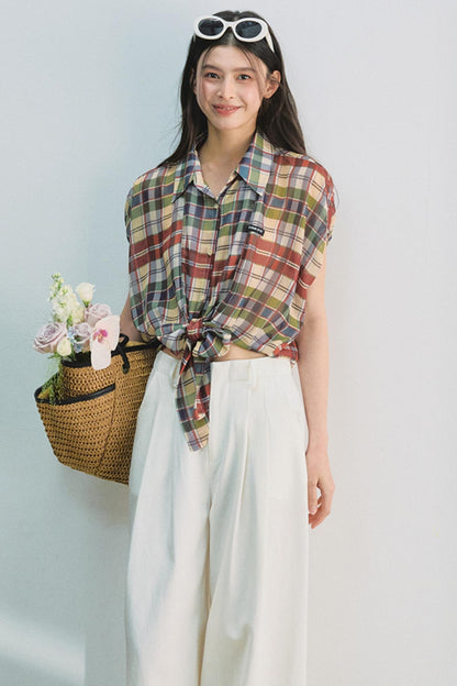 Plaid Tie Top & Midi Skirt Set-Up