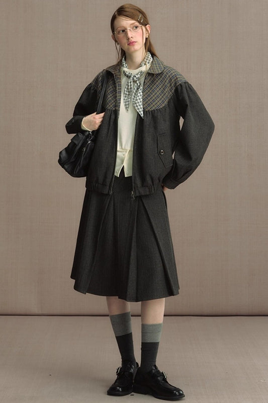 Retro Gray Plaid Cropped Jacket Set-Up