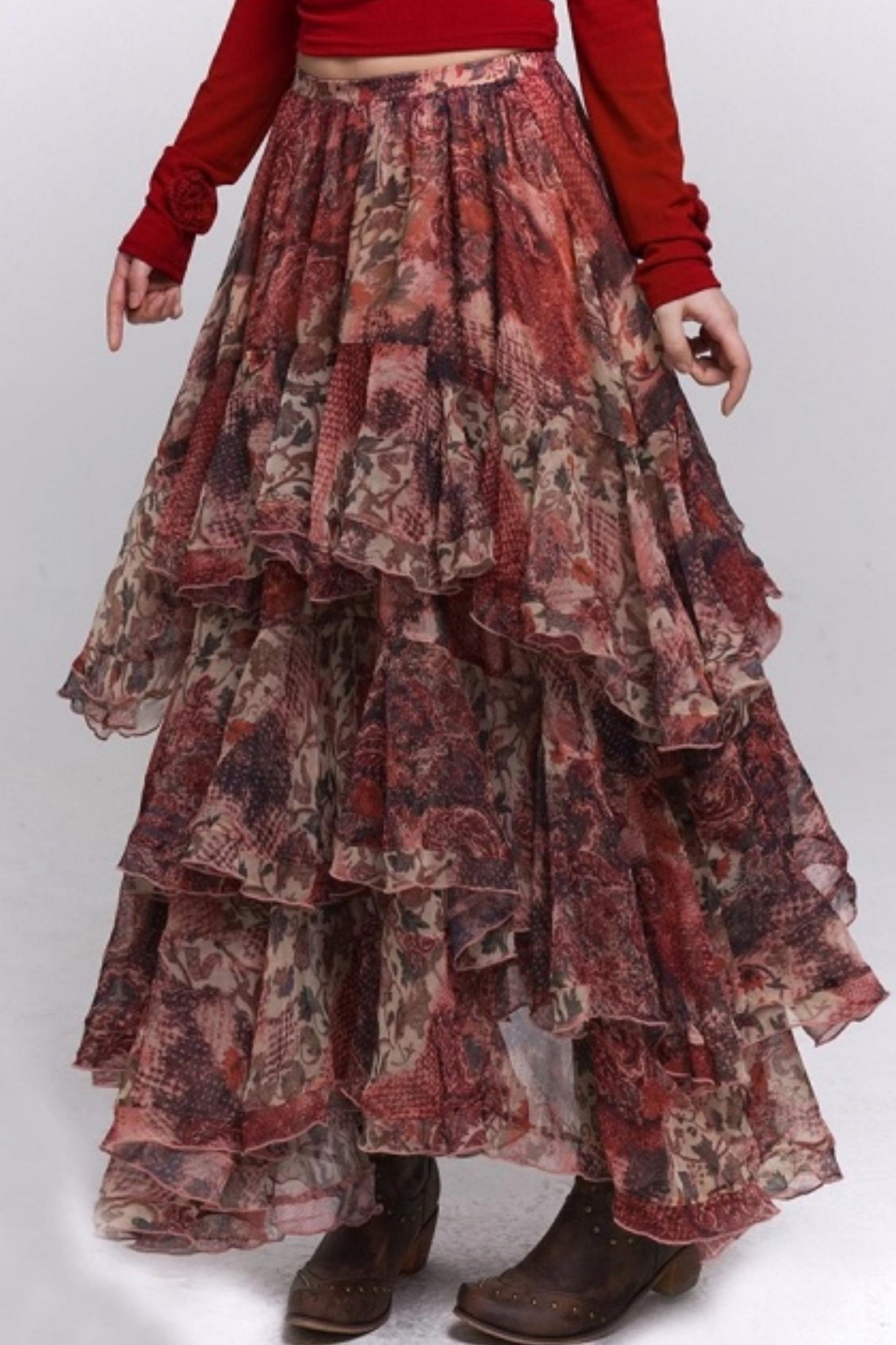 Red Floral Tiered Skirt