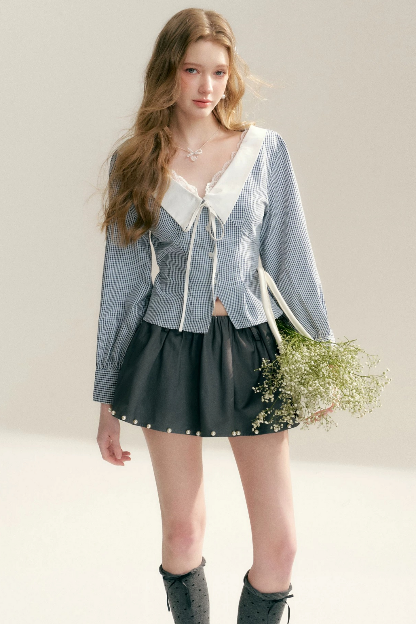 Lace Trim Plaid Blouse