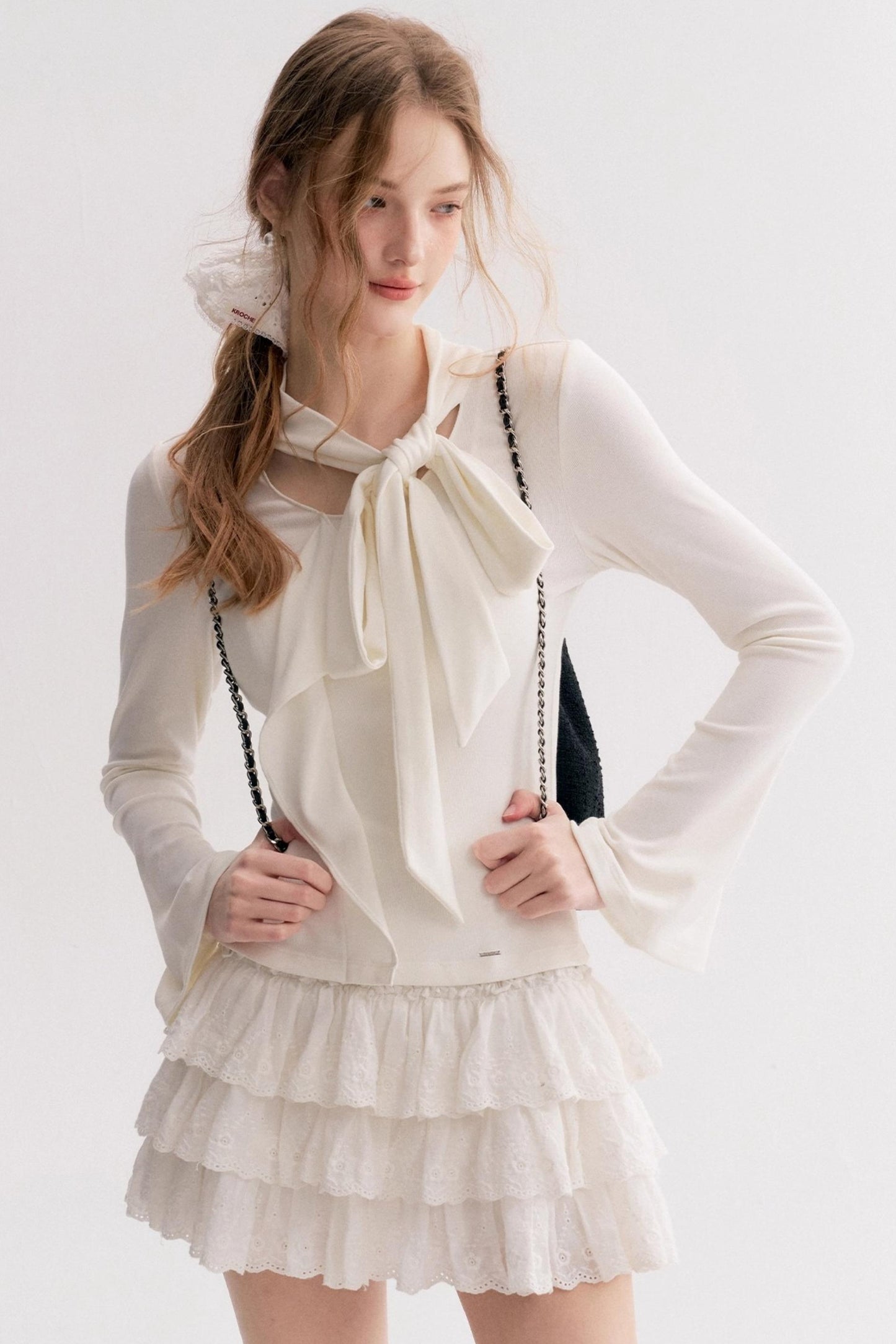 Romantic French Streamer Bow V-Neck Slim T-Shirt