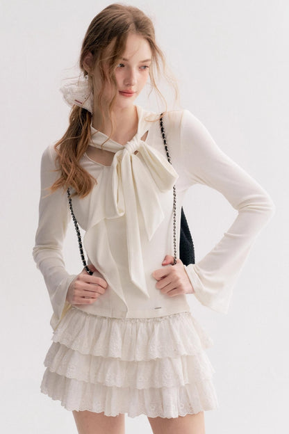 Romantic French Streamer Bow V-Neck Slim T-Shirt